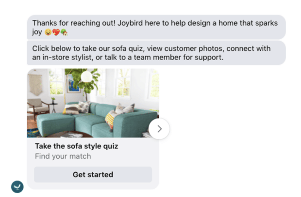 Facebook messenger上的Joybird沙发风格测试