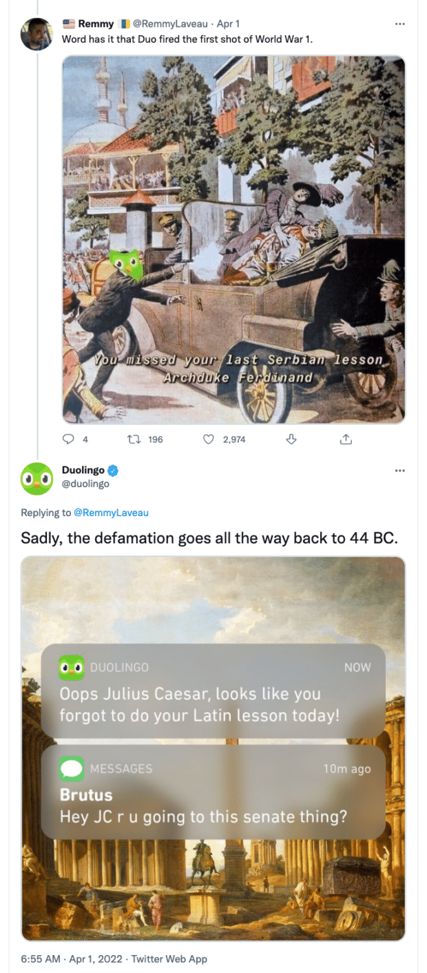 多邻国(Duolingo)在推特上回复了一个表情包