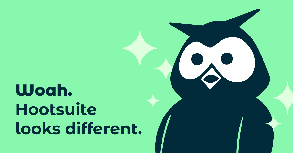 绿色图形具有Owly和文字阅读：“哇，Hootsuite看起来不同。”