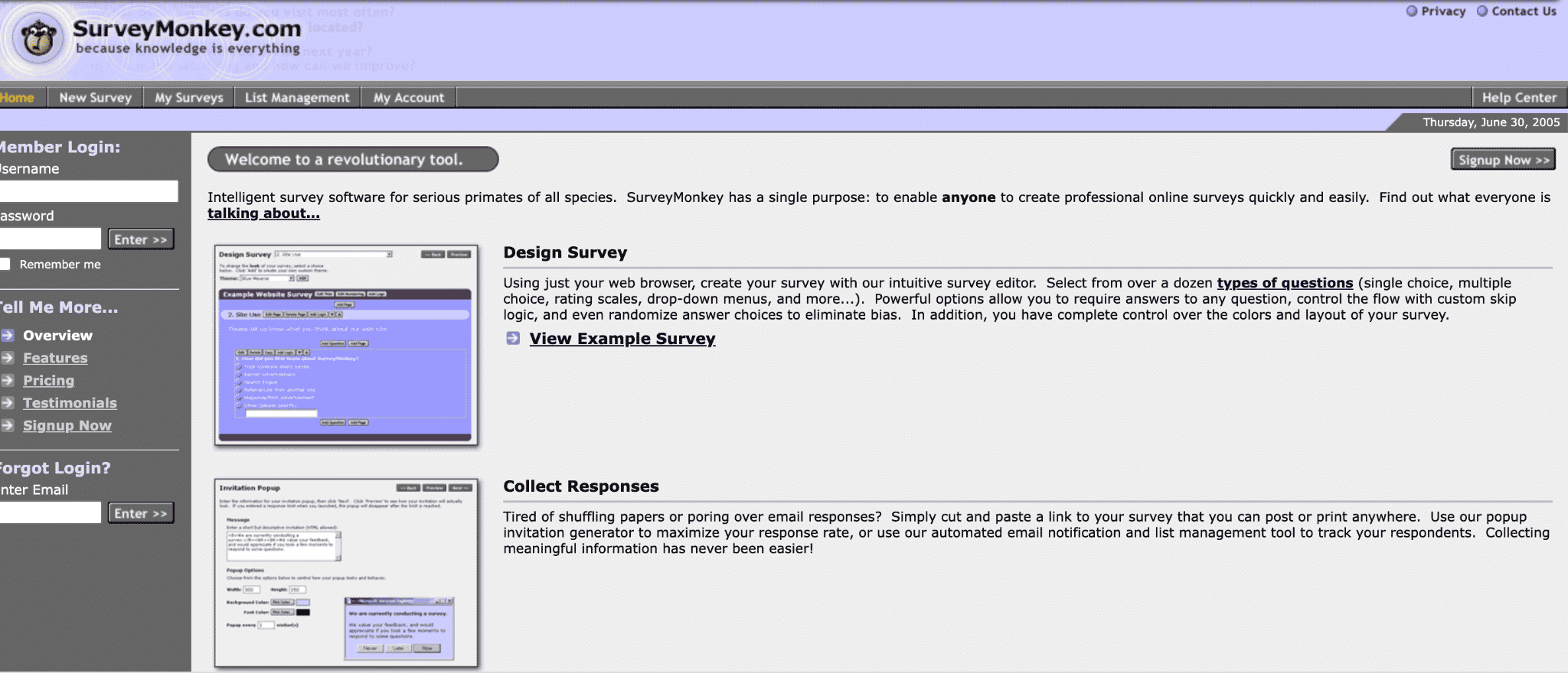 从2005年开始的SurveyMonkey主页屏幕截图。英雄文本占据“所有物种严重灵长类动物的智能调查软件”。