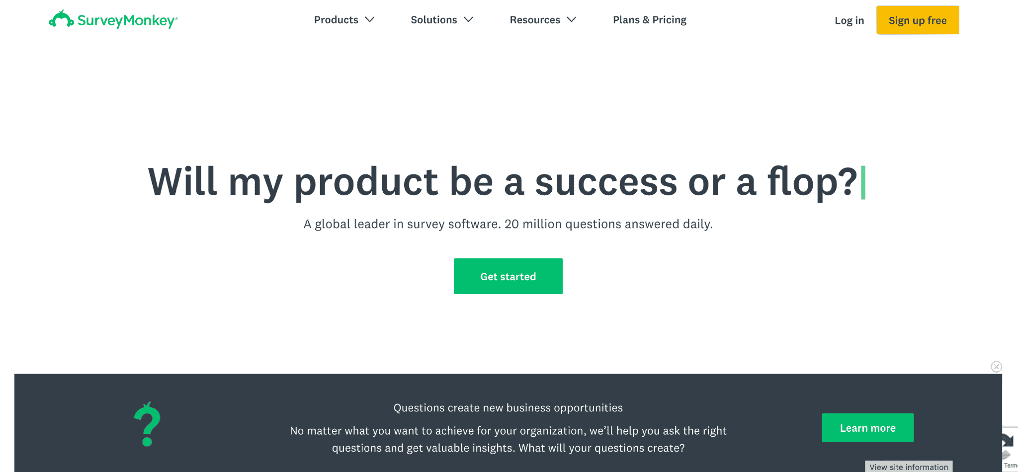 SurveyMonkey主页的屏幕截图。将不同的问题键入一个英雄领域，包括“我的产品会成为失败”。标语写着：“调查软件的全球领导者。每天回答2000万个问题。”