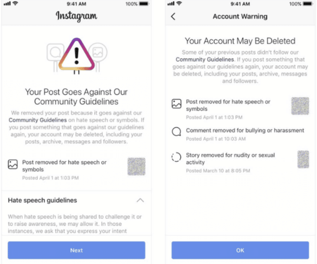 账号警告:在Instagram上发布违反社区准则的帖子