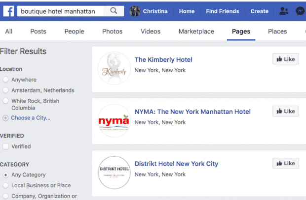Facebook“曼哈顿精品酒店”搜索结果截图